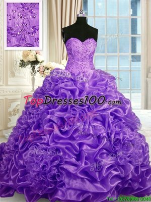 Beading and Pick Ups 15 Quinceanera Dress Lavender Lace Up Sleeveless With Train Sweep Train
