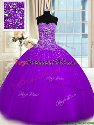 Three Piece Lavender Ball Gowns Tulle Sweetheart Sleeveless Beading Floor Length Lace Up 15 Quinceanera Dress