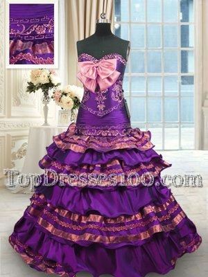 Lace Up 15th Birthday Dress Purple and In for Military Ball and Sweet 16 and Quinceanera with Appliques and Ruffled Layers and Bowknot Brush Train