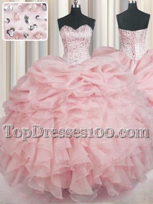 Stunning Organza Sweetheart Sleeveless Lace Up Beading and Ruffles Quinceanera Dress in Baby Pink