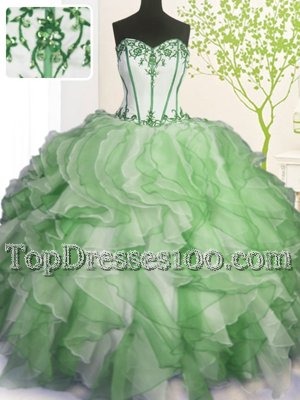 Organza and Taffeta Sleeveless With Train Ball Gown Prom Dress Brush Train and Beading and Appliques and Ruffled Layers and Pick Ups