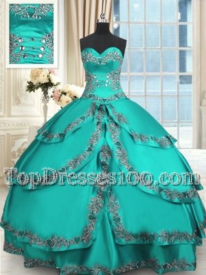 Sweetheart Sleeveless Vestidos de Quinceanera Floor Length Beading and Embroidery and Ruffled Layers Turquoise Taffeta