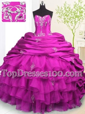 Low Price Fuchsia Vestidos de Quinceanera Military Ball and Sweet 16 and Quinceanera and For with Beading and Appliques and Ruffled Layers and Pick Ups Strapless Sleeveless Brush Train Lace Up