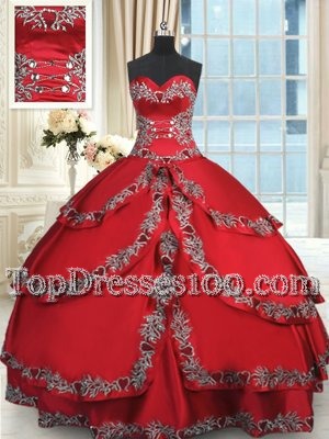 Flare Sweetheart Sleeveless Quince Ball Gowns Floor Length Beading and Embroidery and Ruffled Layers Wine Red Taffeta