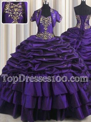Hot Selling Sleeveless Taffeta With Brush Train Lace Up Sweet 16 Dresses in Purple for with Beading and Appliques and Pick Ups