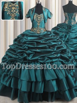 Sumptuous Teal Ball Gowns Beading and Appliques and Pick Ups Sweet 16 Dress Lace Up Taffeta Sleeveless With Train