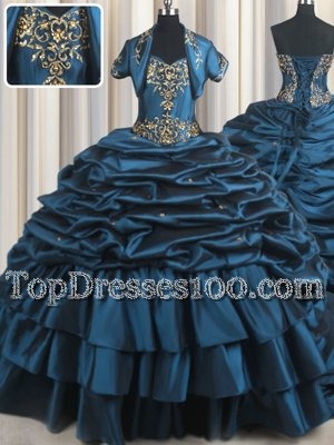 Nice With Train Lace Up Ball Gown Prom Dress Navy Blue and In for Military Ball and Sweet 16 and Quinceanera with Beading and Appliques and Pick Ups Brush Train