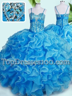 Spaghetti Straps Sleeveless Lace Up Quinceanera Dress Baby Blue Organza