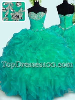 Noble Green Sweetheart Neckline Beading and Ruffles Ball Gown Prom Dress Sleeveless Lace Up