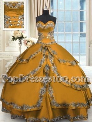 Taffeta Sweetheart Sleeveless Lace Up Beading and Embroidery and Ruffled Layers 15 Quinceanera Dress in Gold