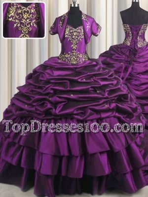 Noble Purple Taffeta Lace Up 15th Birthday Dress Sleeveless With Brush Train Beading and Appliques and Pick Ups