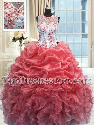 Luxury Orange Red Sweetheart Neckline Beading and Ruffles and Pick Ups Quinceanera Gowns Sleeveless Lace Up