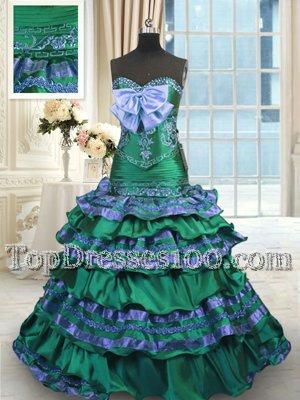 Spectacular Dark Green Taffeta Lace Up Sweetheart Sleeveless Sweet 16 Dress Brush Train Appliques and Embroidery and Ruffled Layers and Bowknot