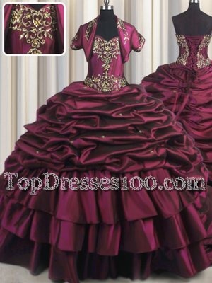 Fine Pick Ups Brush Train Ball Gowns Quinceanera Gown Burgundy Sweetheart Taffeta Sleeveless With Train Lace Up