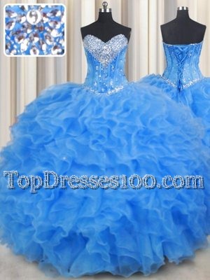 Pretty Organza Sweetheart Sleeveless Lace Up Beading and Ruffles Quinceanera Gown in Baby Blue