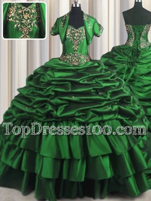 Dark Green Sweetheart Lace Up Beading and Appliques and Pick Ups Sweet 16 Dresses Brush Train Sleeveless