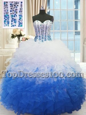 Discount Blue And White Sweetheart Neckline Beading and Ruffles Quince Ball Gowns Sleeveless Lace Up