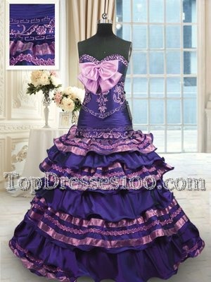 Edgy Dark Purple A-line Taffeta Sweetheart Sleeveless Appliques and Ruffled Layers and Bowknot With Train Lace Up Quinceanera Dresses Sweep Train