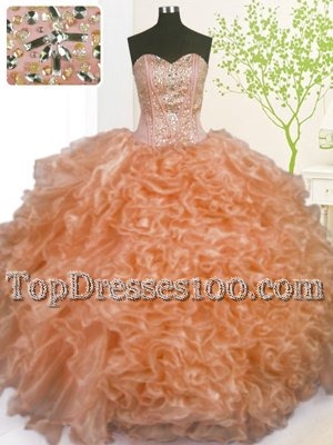 Orange Sweetheart Neckline Beading and Ruffles and Pick Ups Quinceanera Gowns Sleeveless Lace Up