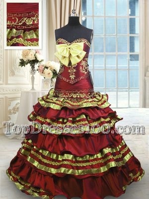 Wine Red A-line Taffeta Sweetheart Sleeveless Appliques and Embroidery and Ruffled Layers and Bowknot Lace Up Quince Ball Gowns Sweep Train
