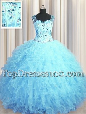Modern See Through Zipper Up Square Sleeveless Tulle Quince Ball Gowns Beading and Ruffles Zipper