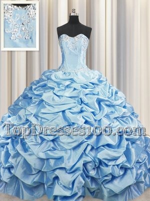 Amazing Brush Train Baby Blue Ball Gowns Beading and Pick Ups Sweet 16 Dress Lace Up Taffeta Sleeveless