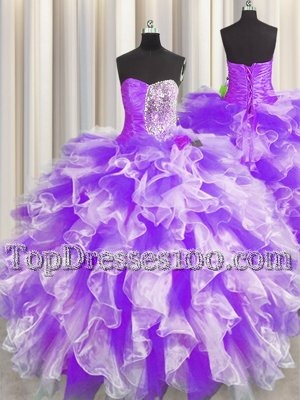 Affordable White And Purple Quinceanera Gown Military Ball and Sweet 16 and Quinceanera and For with Beading and Ruffles and Ruching Sweetheart Sleeveless Lace Up