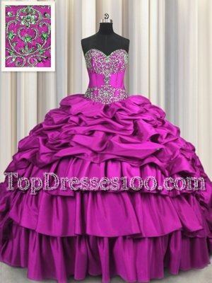 Beauteous Brush Train Fuchsia Ball Gowns Sweetheart Sleeveless Taffeta Floor Length Lace Up Beading and Embroidery and Ruffled Layers and Pick Ups Sweet 16 Quinceanera Dress