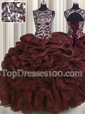 See Through Floor Length Burgundy Quinceanera Dress Scoop Sleeveless Lace Up
