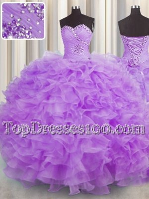 Floor Length Lace Up Ball Gown Prom Dress Lilac and In for Military Ball and Sweet 16 and Quinceanera with Beading and Ruffles