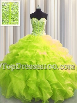 See Through Zipper Up Square Sleeveless Tulle Quince Ball Gowns Beading and Ruffles Zipper