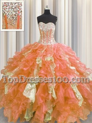 Top Selling Visible Boning Multi-color Sweetheart Neckline Beading and Ruffles and Sequins Quince Ball Gowns Sleeveless Lace Up