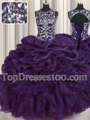 Dazzling Scoop Sleeveless Quinceanera Dress Floor Length Beading and Pick Ups Dark Purple Organza
