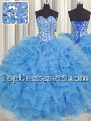 Stunning Visible Boning Baby Blue Organza Lace Up Sweet 16 Dress Sleeveless Floor Length Beading and Ruffles and Sashes|ribbons
