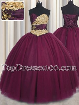 Super Burgundy Tulle Lace Up Sweetheart Sleeveless Floor Length Sweet 16 Quinceanera Dress Beading and Appliques