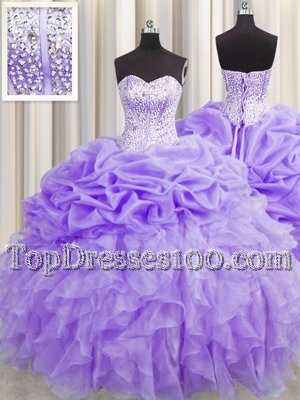 Visible Boning Lavender Lace Up Quinceanera Gown Beading and Ruffles and Pick Ups Sleeveless Floor Length