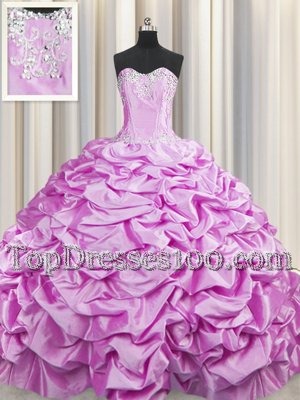 Lavender Ball Gowns Beading and Ruffles and Pick Ups Quinceanera Gowns Lace Up Organza Sleeveless Floor Length