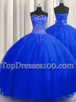 Puffy Skirt Royal Blue Sleeveless Floor Length Beading Lace Up Vestidos de Quinceanera