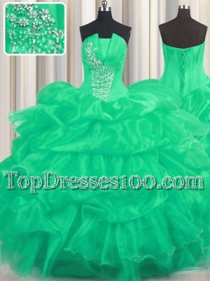Turquoise Ball Gowns Organza Strapless Sleeveless Beading and Ruffled Layers and Pick Ups Floor Length Lace Up Ball Gown Prom Dress