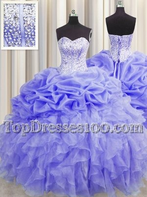 Glamorous Visible Boning Lavender Sleeveless Beading and Ruffles and Pick Ups Floor Length Quinceanera Dress