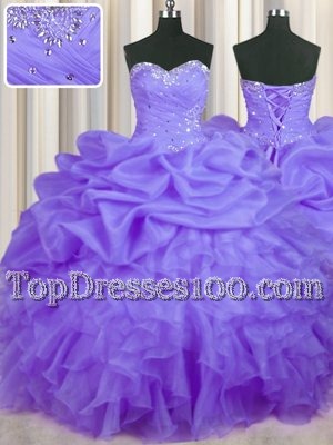 Sweetheart Sleeveless Quince Ball Gowns Floor Length Beading and Ruffles and Pick Ups Lavender Organza