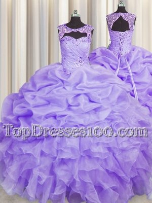 Scoop Sleeveless Floor Length Beading and Pick Ups Lace Up 15th Birthday Dress with Lavender