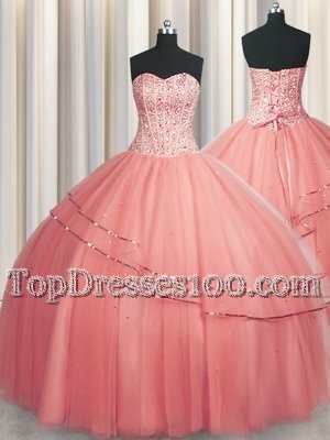 Luxury Visible Boning Puffy Skirt Watermelon Red Sleeveless Tulle Lace Up Quinceanera Dress for Military Ball and Sweet 16 and Quinceanera