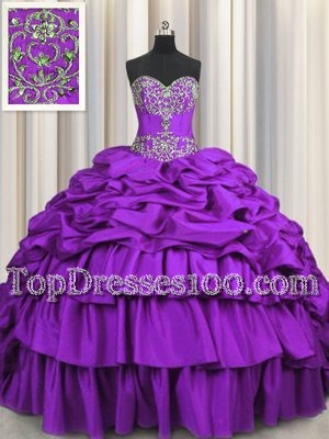 Flare Purple Taffeta Lace Up Sweetheart Sleeveless Sweet 16 Dresses Brush Train Beading and Embroidery and Ruffled Layers and Pick Ups