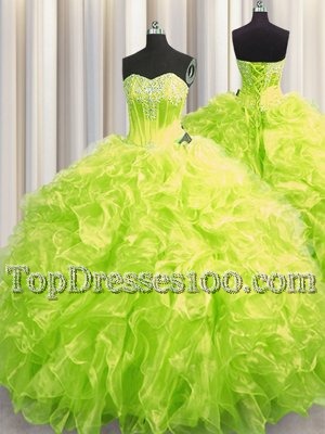 Fashionable Ball Gowns Long Sleeves Yellow Green Quinceanera Dresses Brush Train Lace Up