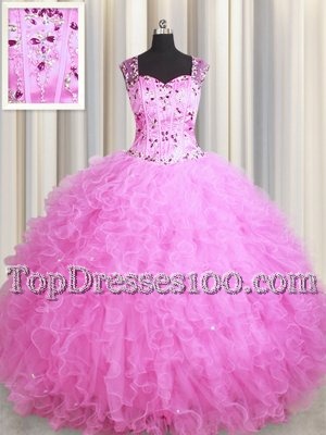Clearance See Through Zipper Up Sleeveless Floor Length Beading and Ruffles Zipper Sweet 16 Dress with Rose Pink