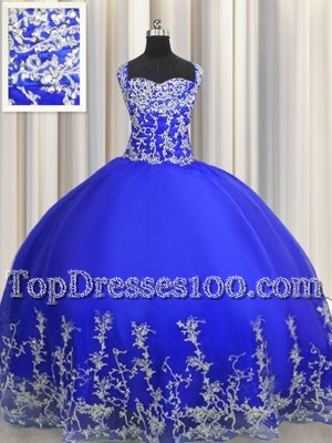 Halter Top Floor Length Lace Up Sweet 16 Dress Royal Blue and In for Military Ball and Sweet 16 and Quinceanera with Beading and Appliques