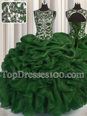 Dynamic Scoop See Through Dark Green Sleeveless Organza Lace Up Ball Gown Prom Dress for Military Ball and Sweet 16 and Quinceanera