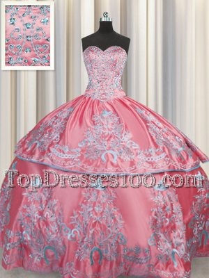 Rose Pink Ball Gowns Taffeta Sweetheart Sleeveless Beading and Embroidery Floor Length Lace Up Sweet 16 Quinceanera Dress