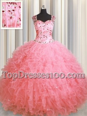 Trendy See Through Zipper Up Organza Square Sleeveless Zipper Beading and Ruffles Sweet 16 Dress in Pink